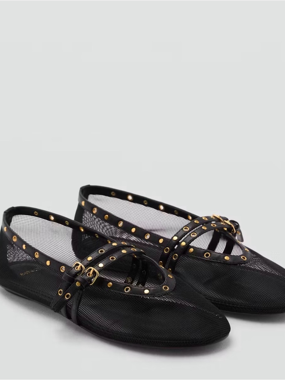 Mango Black Mesh Ballet Flats with Gold Studs